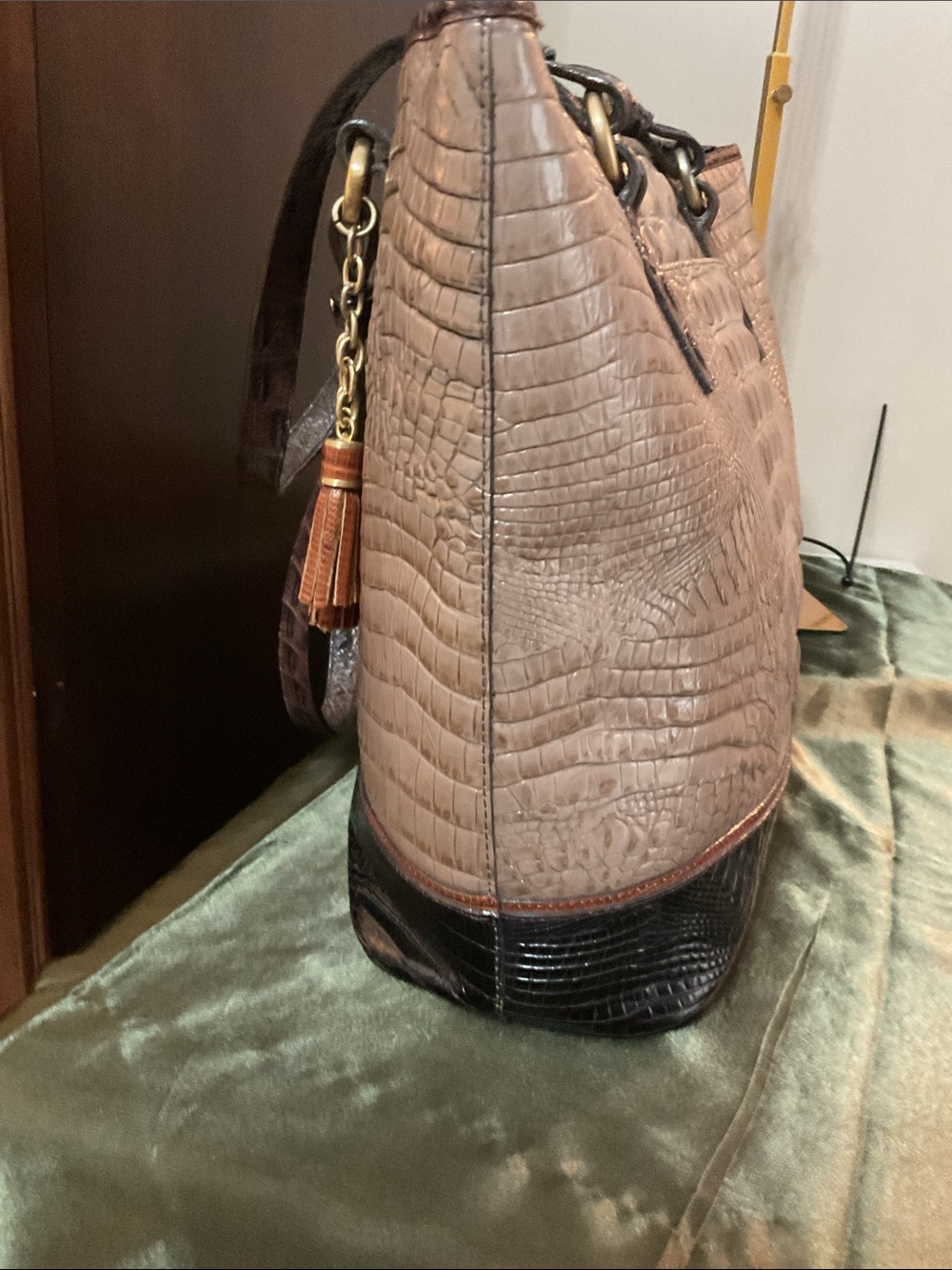 Brahmin Asher Taupe Croc-Embossed Tote with Dark Brown Trim and Gold Accents - Picture 8 of 12